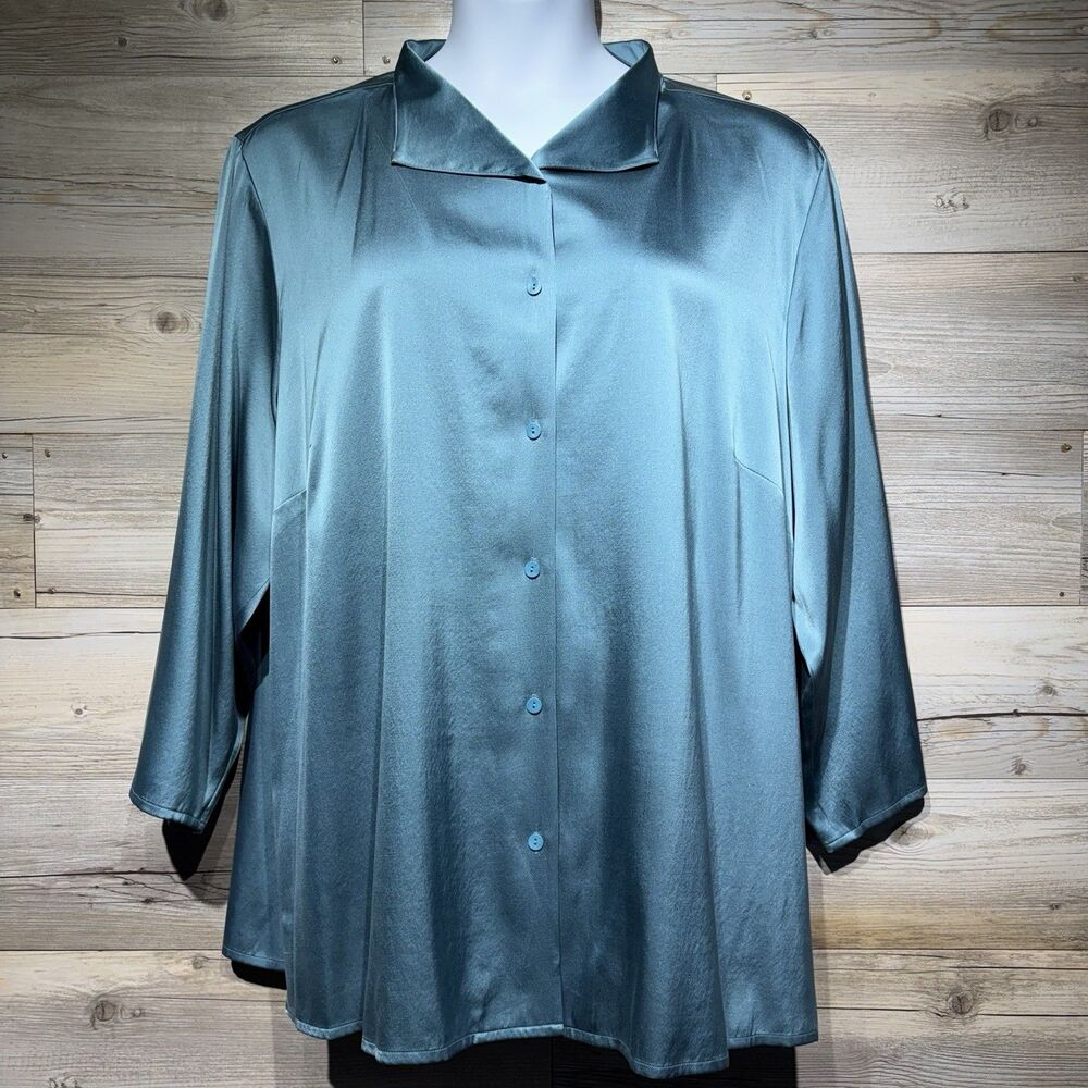 Eileen Fisher Stretch Silk Charmeuse Button-Up Blouse Top 3X Storm Blue Collared